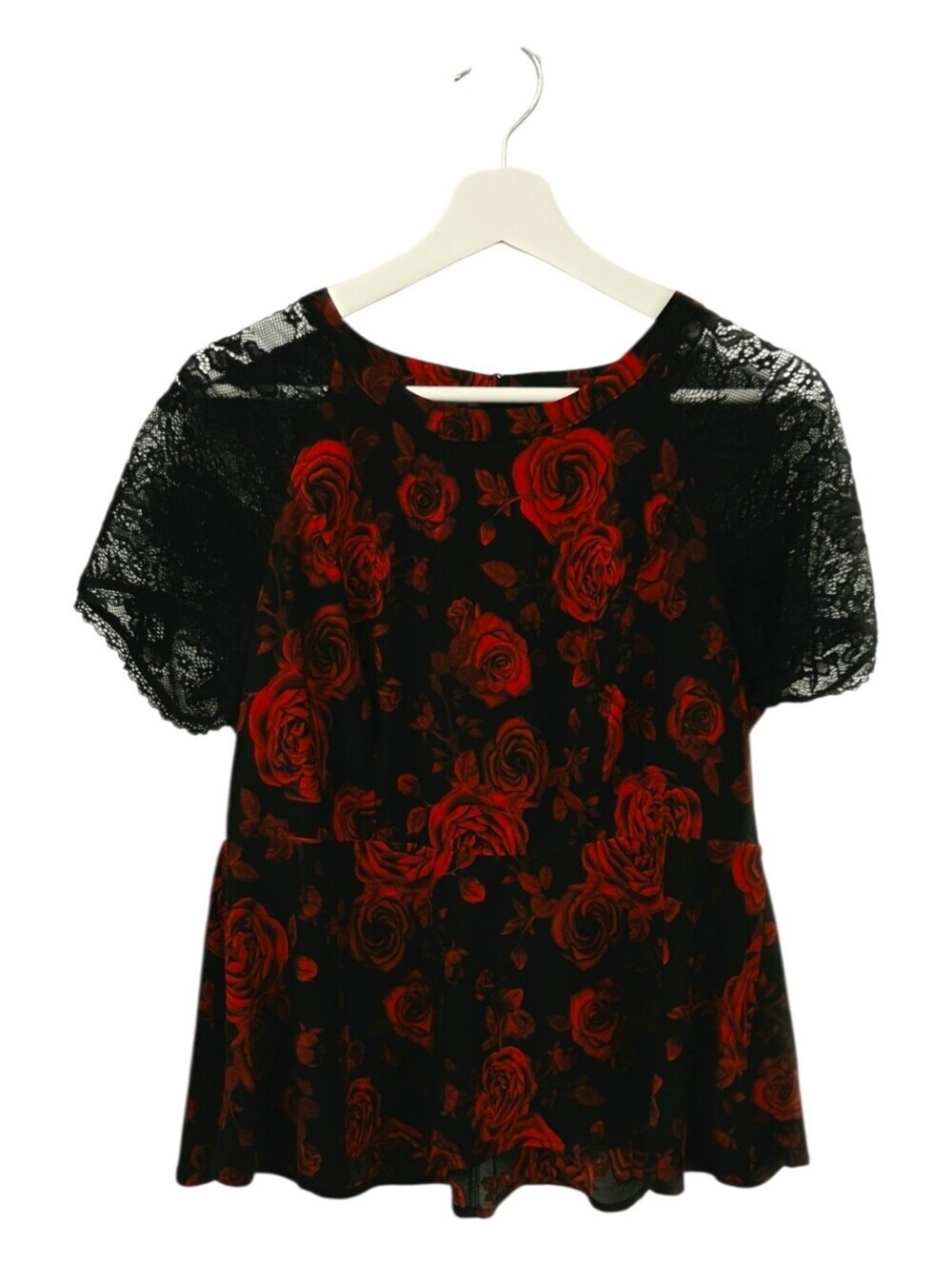 Torrid 00 peplum Black Top with Red Rose Print and Lace Sleeves